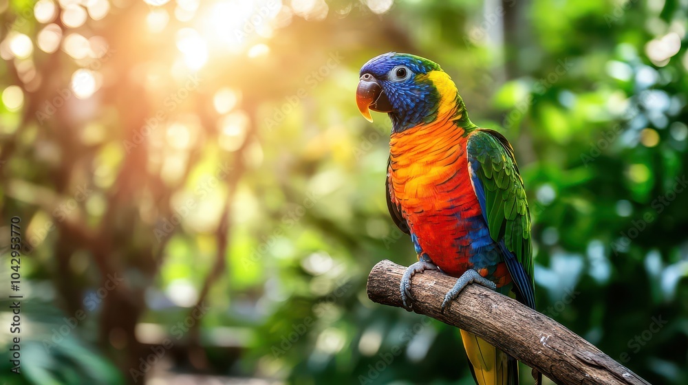Obraz premium Vibrant rainbow lorikeet perched in lush garden