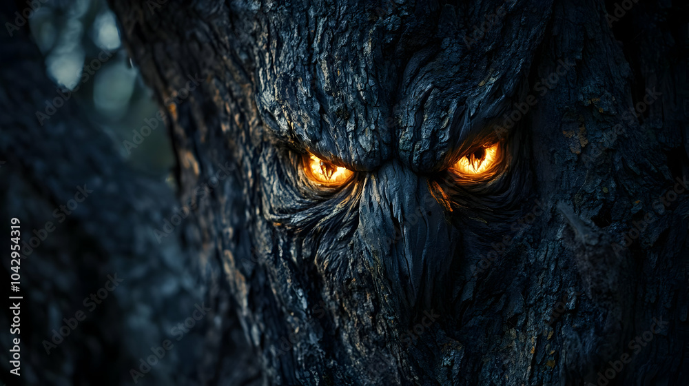 A mystical tree with glowing eyes, showcasing nature's enchanting mysteries in a dark forest. A mystical tree with glowing eyes, showcasing nature's enchanting mysteries in a dark forest.