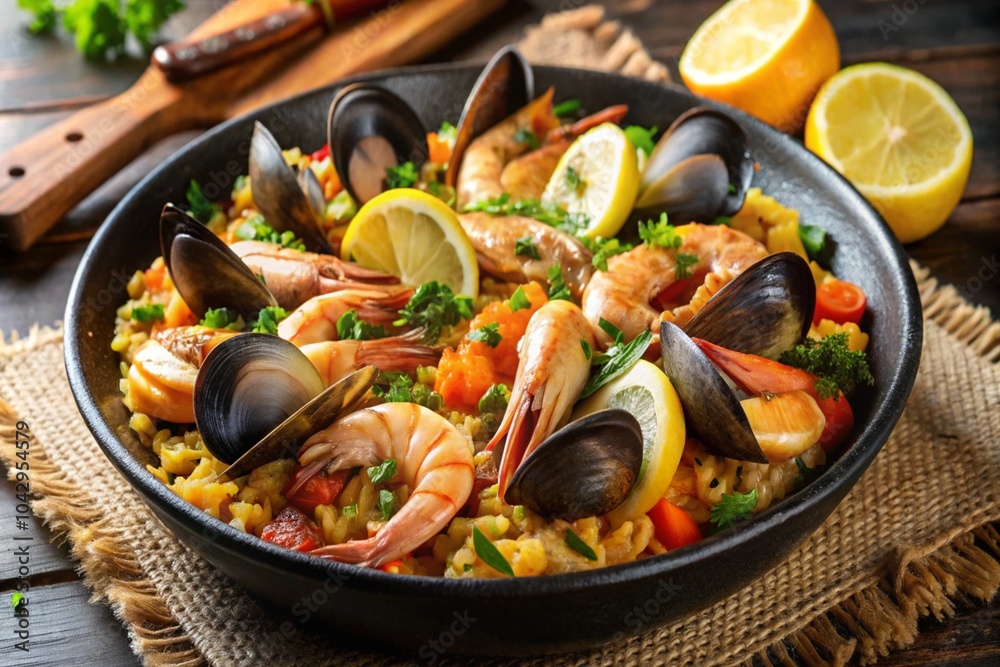 Spanish seafood paella, closeup view Spanish seafood paella, closeup view