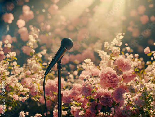 microphone on podium surrounded by beautiful pink flowers creates serene and inviting atmosphere, perfect for heartfelt speech or performance