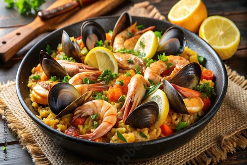 Spanish seafood paella, closeup view