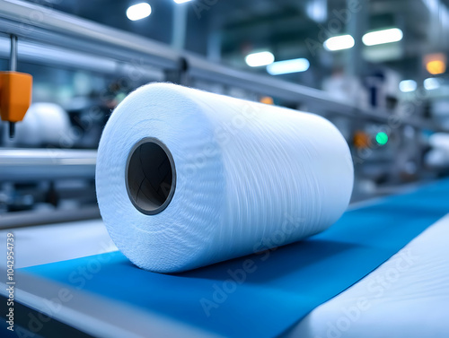 Close-up of a white spool of thread on a production line in a textile manufacturing facility. photo