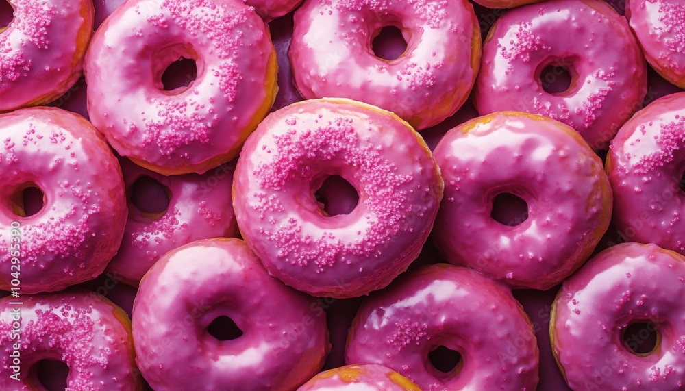 A close-up shot of pink glazed donuts with sprinkles. A close-up shot of pink glazed donuts with sprinkles.