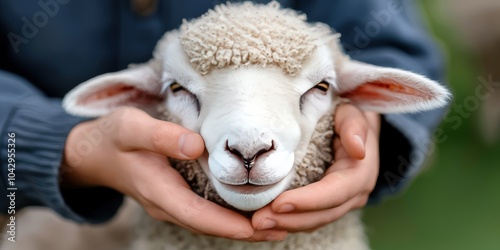 Close up of Lamb in Farmer s Hands   Sheep  Animal Care  Agriculture  Farming  Livestock photo