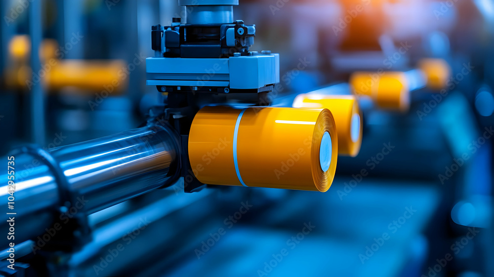 Close-up of industrial machinery with orange components and metallic pipes, highlighting advanced manufacturing technology. Close-up of industrial machinery with orange components and metallic pipes, highlighting advanced manufacturing technology.