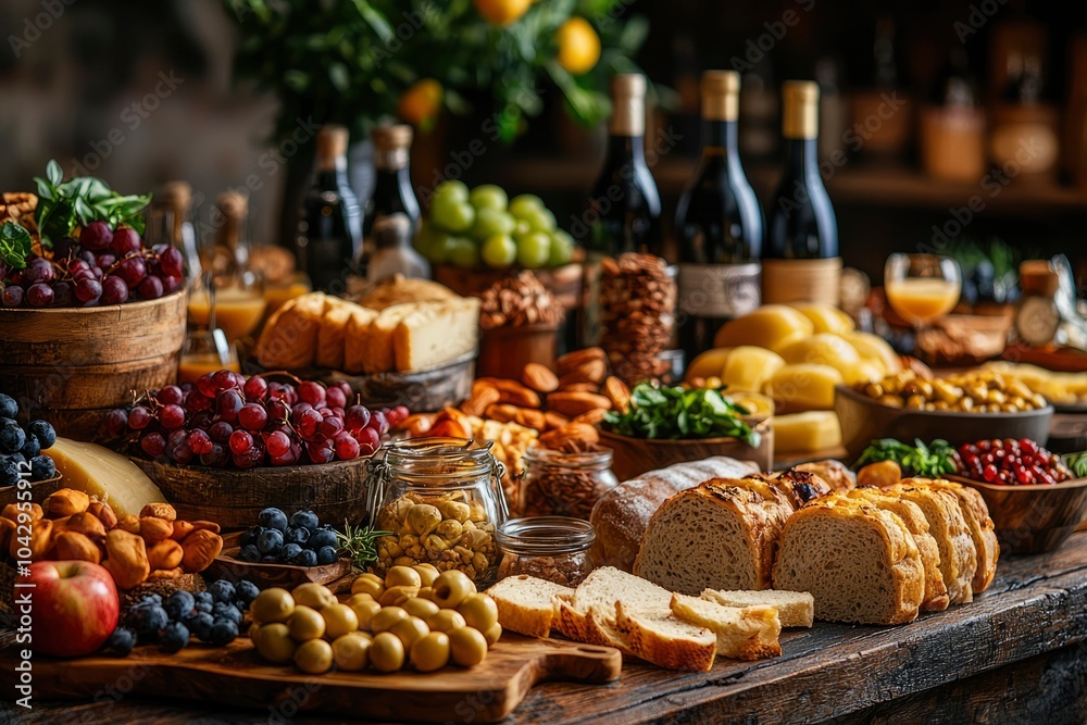 Fototapeta premium Rustic Table Spread with Bread, Grapes, Olives, and Wine