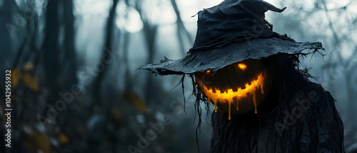 A spooky scarecrow with a glowing pumpkin head in a dark, eerie forest setting.