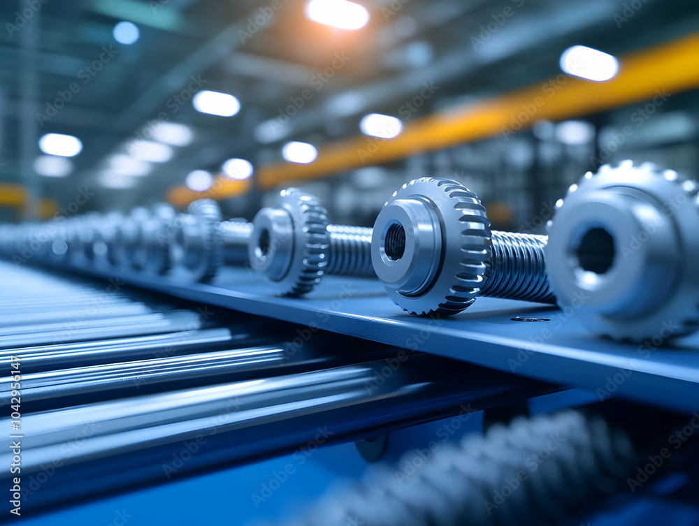 Close-up of precise gears on an assembly line, showcasing engineering and manufacturing in a high-tech environment. Close-up of precise gears on an assembly line, showcasing engineering and manufacturing in a high-tech environment.