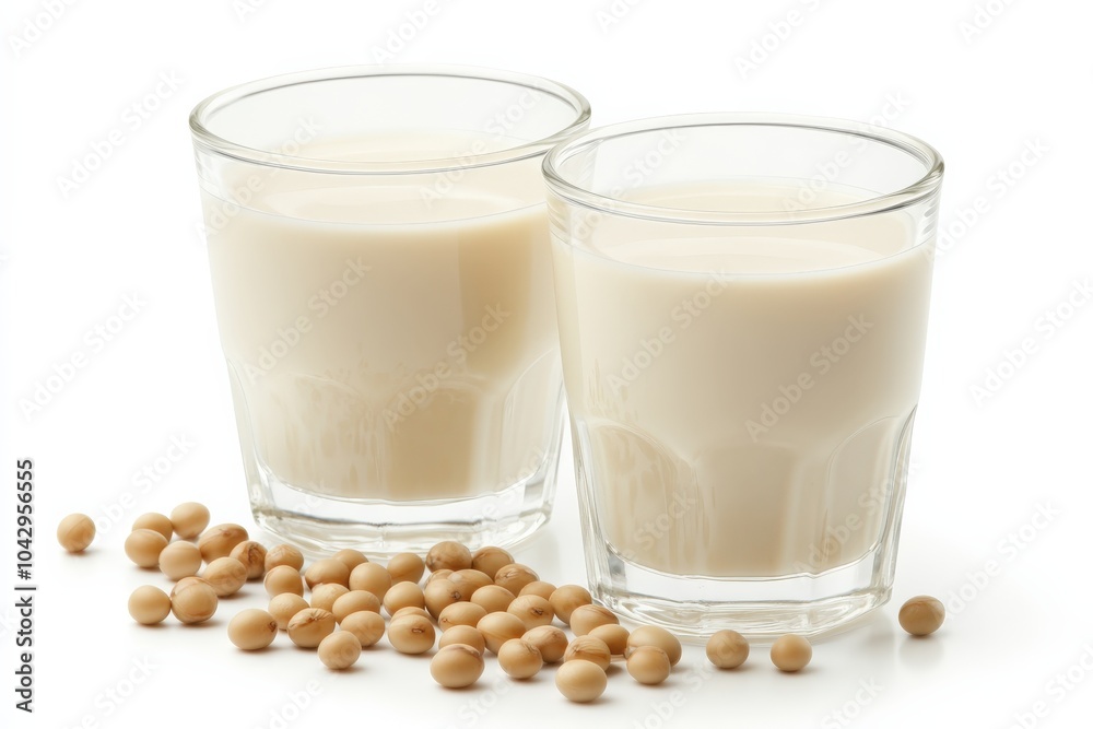 Soy Milk. Healthy and Natural Drink from Soy Beans in White Glasses on Background Soy Milk. Healthy and Natural Drink from Soy Beans in White Glasses on Background