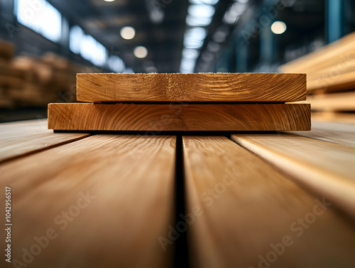 Close-up of stacked wooden planks in a lumber yard, showcasing the natural grain and texture of the wood. photo