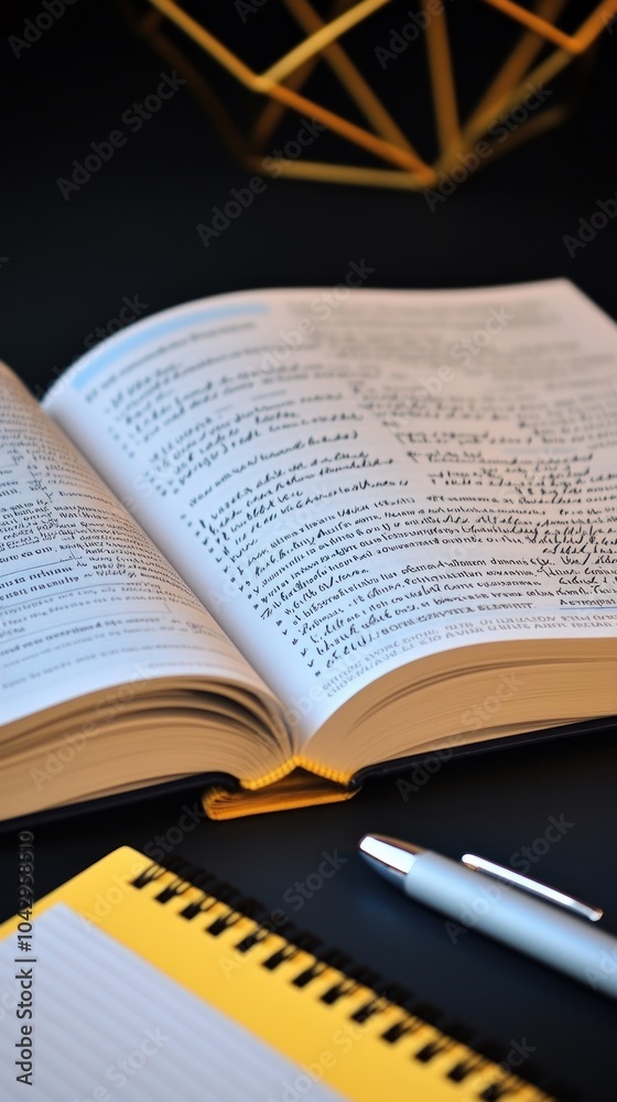 An open book with text, a notepad, and a pen on a dark surface. An open book with text, a notepad, and a pen on a dark surface.