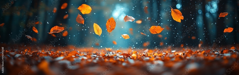 Golden Autumn Leaves Falling in Serene Forest Golden Autumn Leaves Falling in Serene Forest