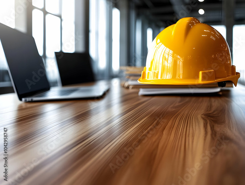 Construction site workspace with a yellow hard hat on a wooden table, with laptops in a modern office setting. photo