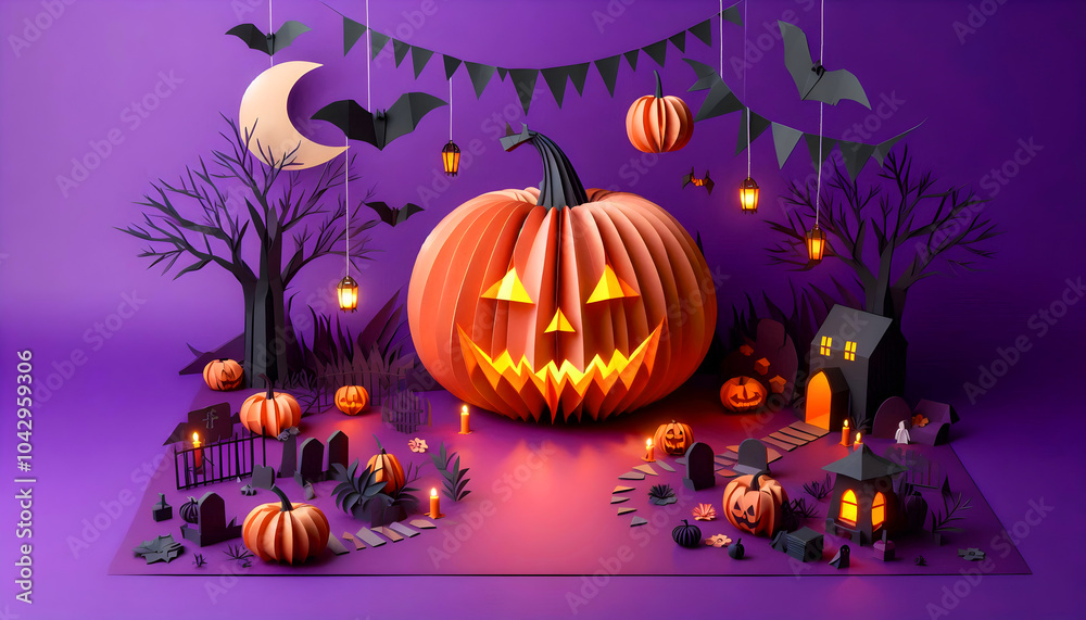 An origami Halloween background with pumpkins in a paper craft style An origami Halloween background with pumpkins in a paper craft style