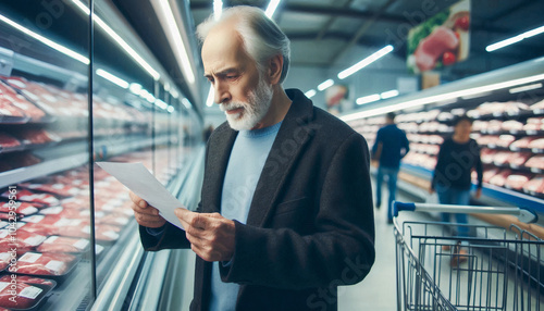 An elderly man closely examines a shopping list while standing in the meat section of a grocery store, appearing thoughtful