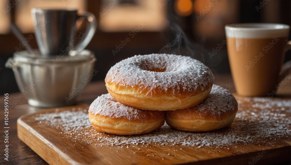 Vanilla donut dusted with powdered sugar, arranged on a wooden board with a simple, warm café setting in the background. Vanilla donut dusted with powdered sugar, arranged on a wooden board with a simple, warm café setting in the background.