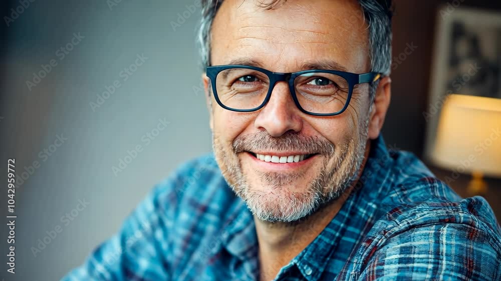 A man with a beard and glasses smiles at the camera A man with a beard and glasses smiles at the camera