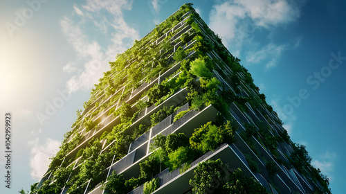 Modern building featuring green plants on its facade, showcasing urban sustainability and nature integration.