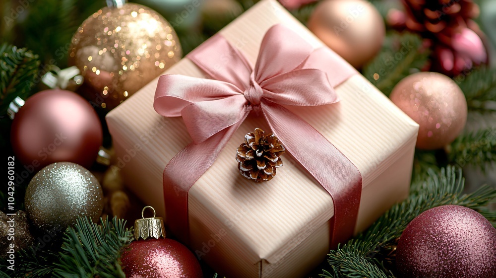 Christmas Gift Box with Pink Bow and Ornaments Christmas Gift Box with Pink Bow and Ornaments