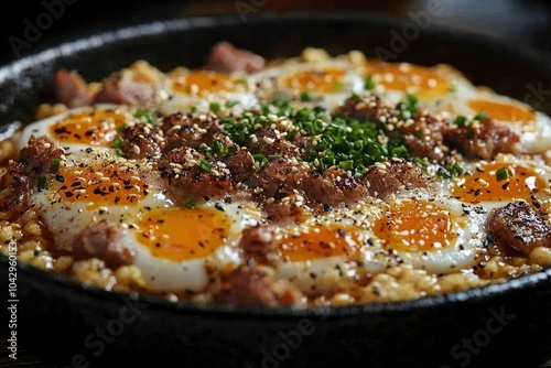 A Close-up of a Dish with Fried Eggs, Toppings, and a Dark Sauce