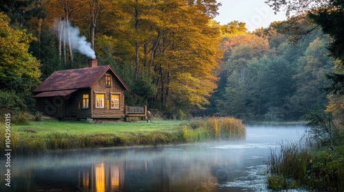 Tranquil Cabin by Misty River in Autumn Landscape