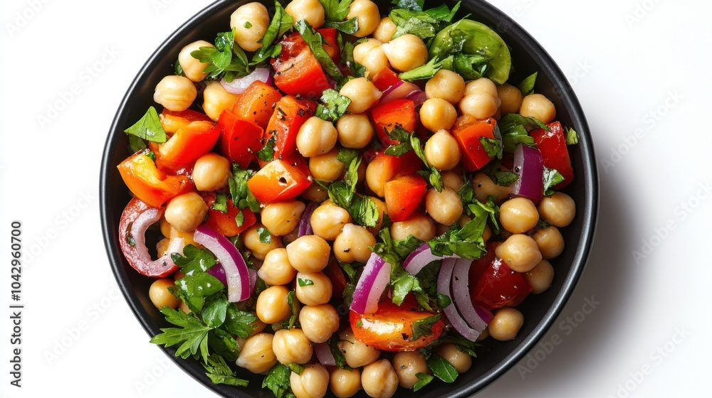 Illustration of a Mediterranean chickpea salad in a black bowl, bright white background, red onion and bell peppers, bright contrasts, top-down perspective. Illustration of a Mediterranean chickpea salad in a black bowl, bright white background, red onion and bell peppers, bright contrasts, top-down perspective.
