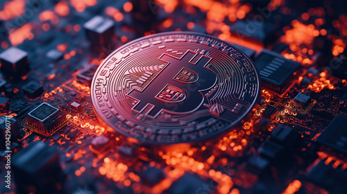 3D rendering of Bitcoin on a circuit board background. The Bitcoin symbol is illuminated in an orange light. Close-up view with a red glow effect