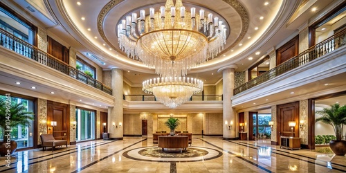 Luxurious hotel lobby with a large crystal chandelier