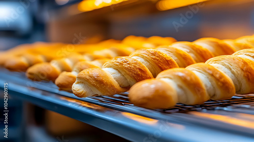 Freshly baked bread rolls cooling on a wire rack in a warm bakery environment. photo