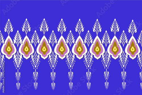 Seamless geometric embroidery pattern with damask floral motifs. Illustration on blue background, vector, carpet.