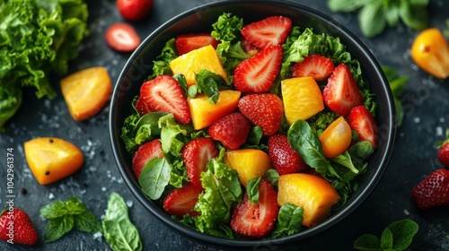 Illustration of a mixed vegetable and fruit salad in a black bowl, bright background, bell peppers and strawberries, colorful contrast, top view composition.