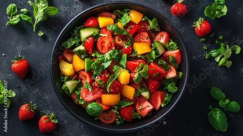 Illustration of a mixed vegetable and fruit salad in a black bowl, bright background, bell peppers and strawberries, colorful contrast, top view composition.