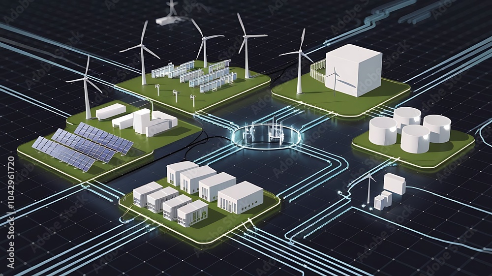 Sustainable Energy Network: A futuristic illustration depicting a interconnected network of renewable energy sources, including wind turbines, solar panels, and energy storage. Sustainable Energy Network: A futuristic illustration depicting a interconnected network of renewable energy sources, including wind turbines, solar panels, and energy storage.
