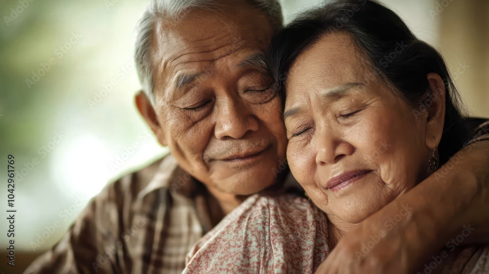 Fototapeta premium Anxiety in Elderly Caregivers, featuring Asian and African-American caregivers, providing emotional support to elderly patients in homely and supportive environments