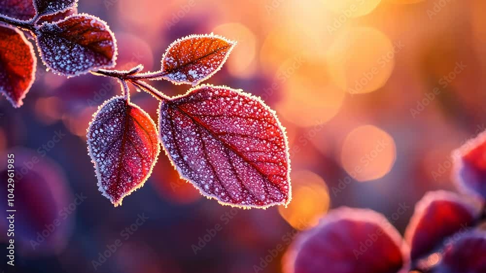 Frost-covered leaves glow in the morning sunlight, creating a beautiful winter scene Frost-covered leaves glow in the morning sunlight, creating a beautiful winter scene