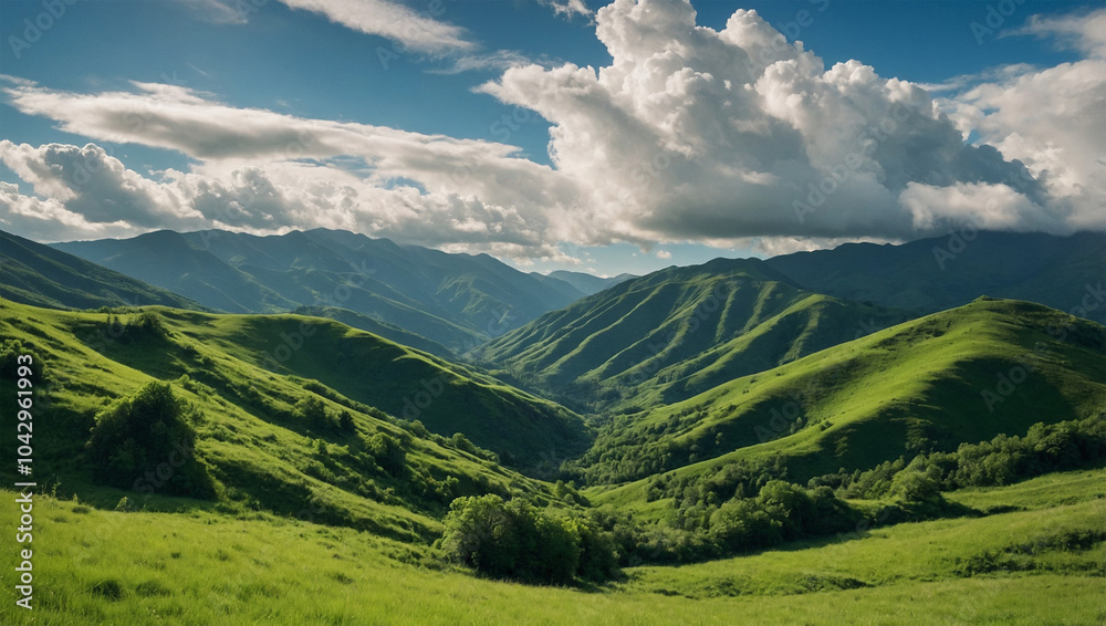 Fototapeta premium Lush green mountains under a bright blue sky with fluffy white clouds, creating a serene and open landscape.