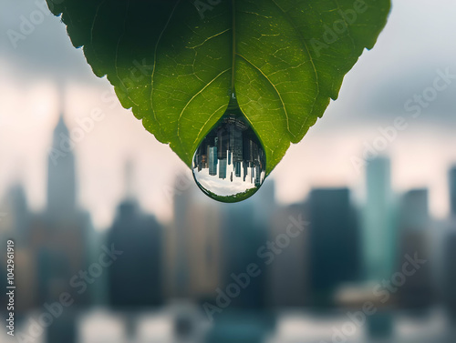 A close-up of a leaf with a drop of water reflecting a city skyline, showcasing the beauty of nature and urban life coexistence. photo