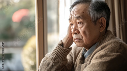 Asian and African-American elderly dealing with depression, supported by family and caregivers, in warm, inviting home settings