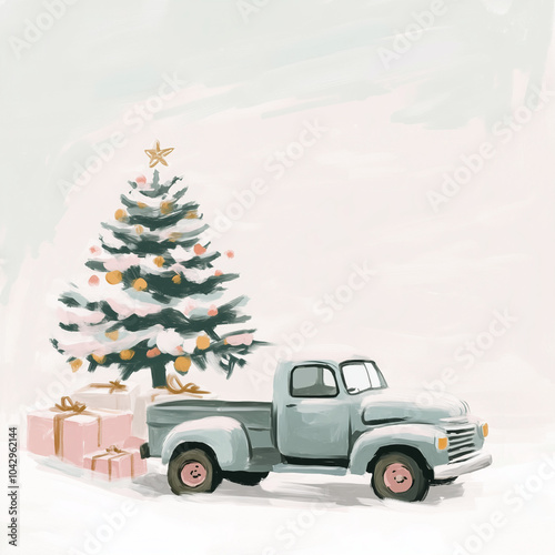 Cute happy holidays merry christmas with gifts old vintage truck and christmas tree social media post background image pastel watercolor illustration