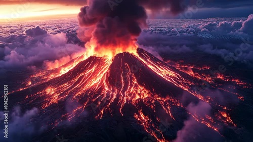 A volcanic eruption in the early morning hours, with bright orange lava flowing down the side of the mountain