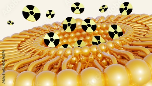 3d rendering of liposome and radioactive symbol. they have potential in medical applications, particularly in imaging and targeted therapy.  photo