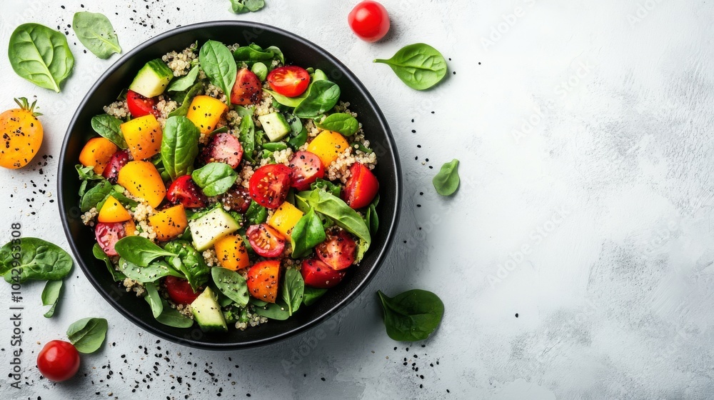 Illustration of a quinoa salad with veggies and fruits in a black bowl, white background, spinach and apples, wholesome and colorful, overhead view. Illustration of a quinoa salad with veggies and fruits in a black bowl, white background, spinach and apples, wholesome and colorful, overhead view.