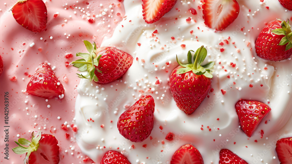 Delicious Yoghurt Swirl Topped With Fresh Strawberries and Sprinkles Isolated on a Pink Background Delicious Yoghurt Swirl Topped With Fresh Strawberries and Sprinkles Isolated on a Pink Background