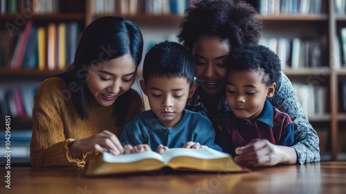 Homeschooling for Religious Education, featuring diverse parents (Asian, African-American) teaching religious principles to their children in warm, homely settings