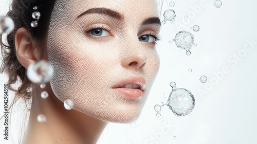 A close-up of a woman's face with sparkling bubbles, showcasing a serene expression and clear skin. photo