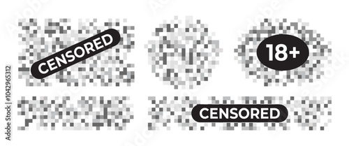 collection of pixel Censored sign of different shapes.blurred pixels texture on white background