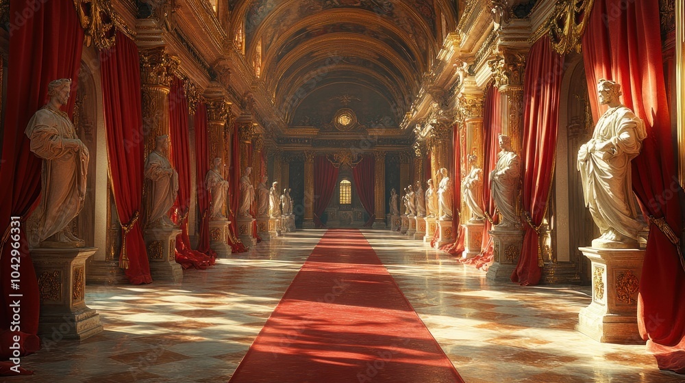 custom made wallpaper toronto digitalGrand hall with statues and red curtains, creating an elegant atmosphere.
