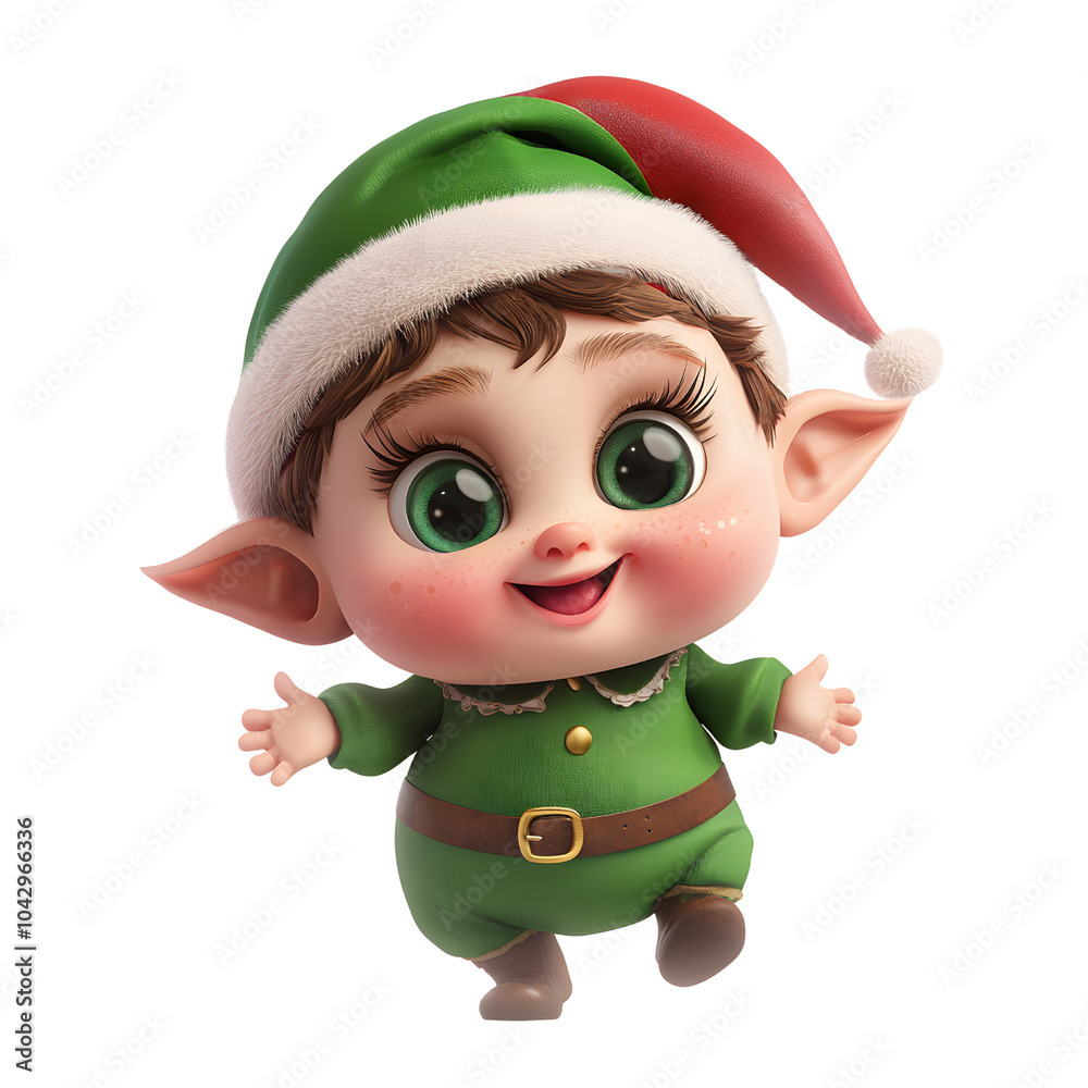 Cheerful Christmas Elf with Big Eyes. Illustration on transparent & white background, isolate PNG Cheerful Christmas Elf with Big Eyes. Illustration on transparent & white background, isolate PNG