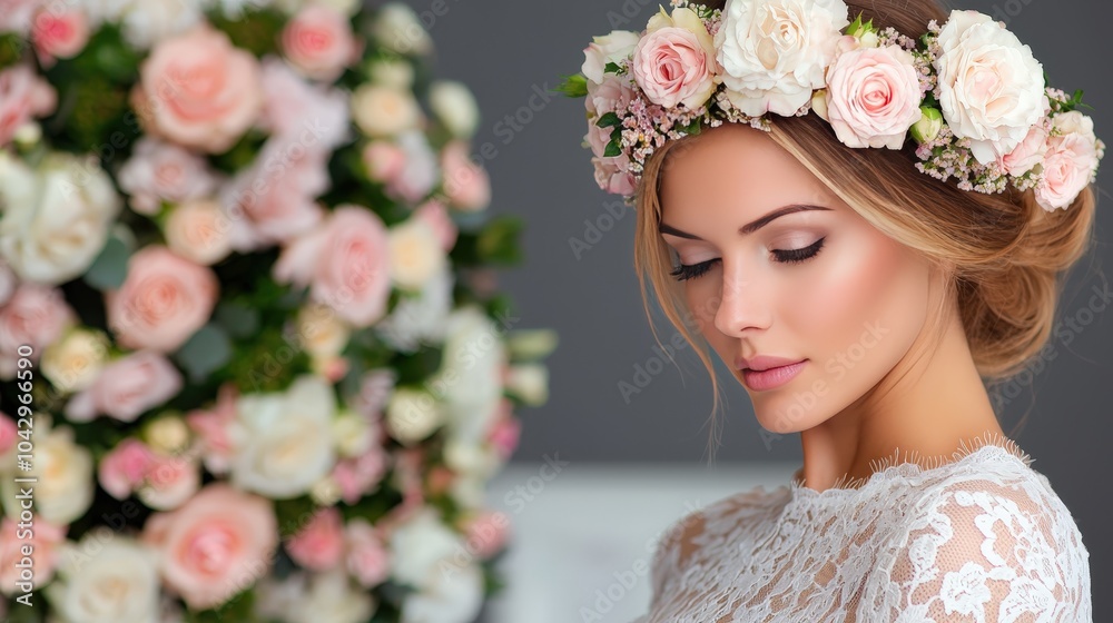 Naklejka premium Beautiful Bride with Flower Crown and Lace Dress