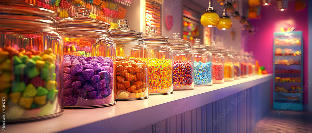 Obraz premium Colorful jars filled with various candies on display in a whimsical candy store.